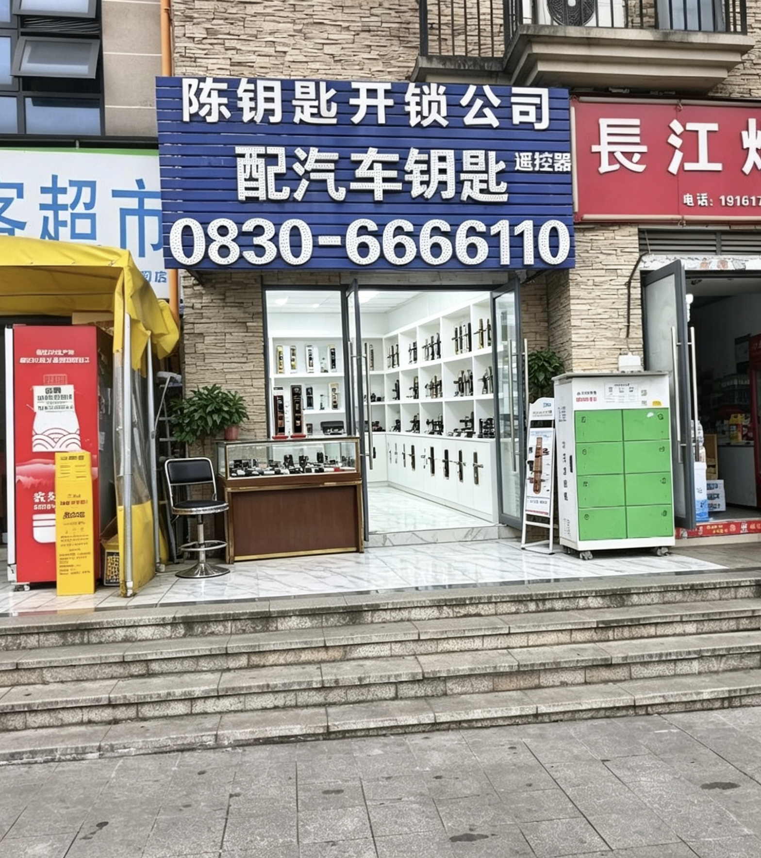 整齐摆放的专业开锁工具特写,包括各类钥匙坯、开锁器、螺丝刀等,背景为工作台面,光线明亮自然